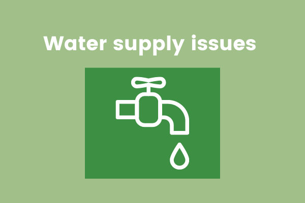 Image with text reading 'water supply issues' and an icon of a tap dripping